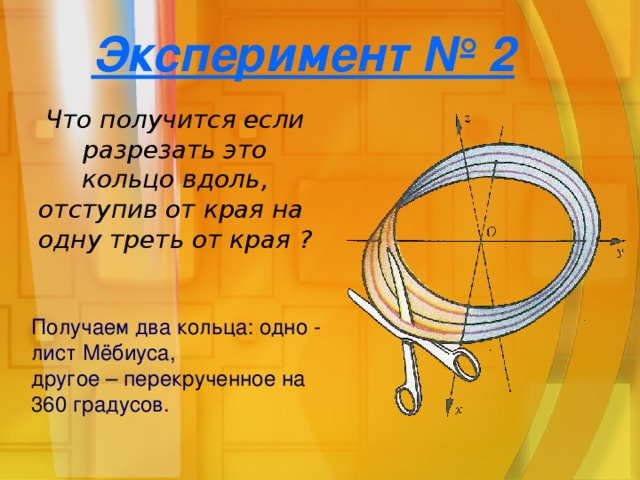 Эксперимент № 2 Что получится если разрезать это кольцо вдоль, отступив от края на одну треть от края ? Получаем два кольца: одно - лист Мёбиуса,  другое – перекрученное на 360 градусов.