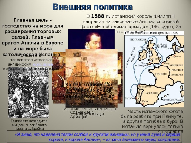 Внешняя политика В 1588 г . испанский король Филипп II направил на завоевание Англии огромный флот: «Непобедимая армада» (136 судов, 25 тыс. человек). Главная цель – господство на море для расширения торговых связей. Главным врагом Англии в Европе и на море была католическая Испания. Елизавета покровительствовала английским корсарам , которые грабили испанские суда Под руководством Елизаветы вся нация готовилась к  защите: собирались средства, снаряжались корабли, многие записывались в добровольцы За год количество английских судов увеличилось с 34 до 200 Часть испанского флота была разбита при Плимуте, а другая погибла в буре. В Испанию вернулось только 43 корабля Сражение с Армадой Елизавета возводит в рыцари английского пирата Ф.Дрейка «Я знаю, что наделена телом слабой и хрупкой женщины, но у меня душа и сердце короля, и короля Англии», – из речи Елизаветы перед солдатами.