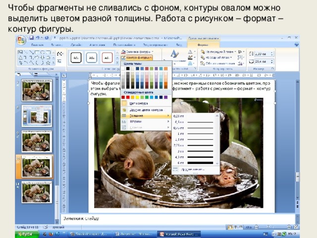 Чтобы фрагменты не сливались с фоном, контуры овалом можно выделить цветом разной толщины. Работа с рисунком – формат – контур фигуры.