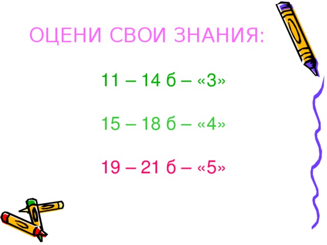 ОЦЕНИ СВОИ ЗНАНИЯ: 11 – 14 б – «3» 15 – 18 б – «4» 19 – 21 б – «5»