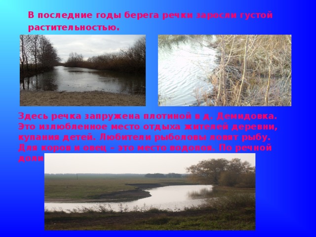 В последние годы берега речки заросли густой растительностью . Здесь речка запружена плотиной в д. Демидовка. Это излюбленное место отдыха жителей деревни, купания детей. Любители рыболовы ловят рыбу. Для коров и овец – это место водопоя. По речной долине всё лето пасётся скот.