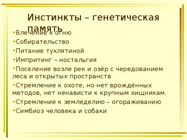Инстинкты – генетическая память Влечение к огню Собирательство Питание тухлятиной Импритинг – ностальгия Поселение возле рек и озёр с чередованием леса и открытых пространств Стремление к охоте, но нет врождённых методов, нет ненависти к крупным хищникам. Стремление к земледелию – огораживанию Симбиоз человека и собаки 