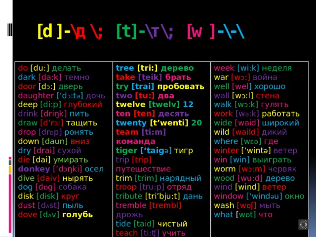 [d]- \д\; [t]- \т\; [w] -\-\ do  [du:] делать dark  [da:k] темно tree  [tri:] дерево take  [teik] брать week  [wi:k] неделя door  [d ɔ :] дверь try  [trai] пробовать war  [w ɔ :] война daughter  [‘d ɔ :t ә ] дочь two  [tu:] два deep  [di:p] глубокий well  [wel ] хорошо drink  [driŋk] пить wall  [w ɔ :l] стена twelve  [twelv] 12 ten  [ten] десять walk [w ɔ :k] гулять draw  [d’r ɔ :] тащить work  [w ә :k] работать drop  [dr ɒ p] ронять twenty  [t’wenti] 20 team  [ti:m] команда wide  [waid] широкий down  [daun] вниз wild [waild] дикий tiger  [‘taig ә ]  тигр dry  [drai] сухой trip  [trip] путешествие where  [w ɛә ] где die  [dai] умирать trim  [trim] нарядный winter  [‘wint ә ] ветер donkey  [‘d ɔ ŋki] осел troop  [tru:p] отряд win  [win] выиграть dive  [daiv] нырять tribute  [tri’bju:t] дань dog  [d ɒ g] собака worm  [w ɔ :m] червяк tremble  [trembl] дрожь disk  [disk] круг wood  [wu:d] дерево dust [d ʌ st] пыль tide  [taid] чистый wind  [wind] ветер teach  [ti:ʧ] учить dove  [d ʌ v]  голубь   window  [‘wind ә u] окно trey  [trei] тройка wash  [w ɒ ʃ] мыть what [ w ɒ t] что 