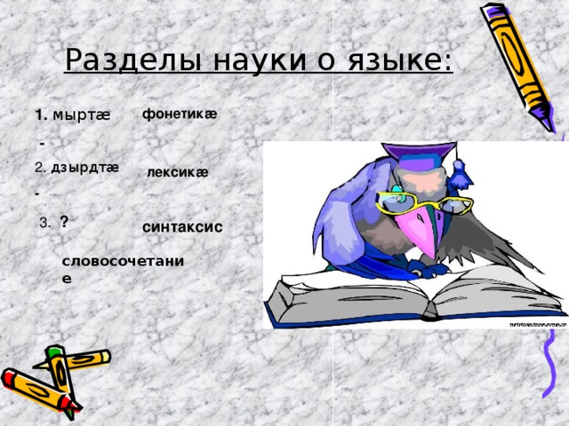 Разделы науки о языке: 1. мыртæ  - фонетик æ 2. дзырдтæ - лексик æ 3. ? синтаксис словосочетание 