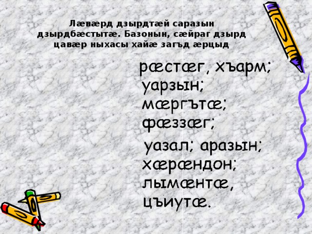 Лæвæрд дзырдтæй саразын дзырдбæстытæ. Базонын, сæйраг дзырд цавæр ныхасы хайæ загъд æрцыд 