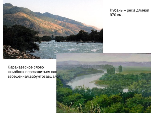 Кубань – река длиной 970 км. Карачаевское слово «кьобан» переводиться как взбешенная,взбунтовавшаяся. 