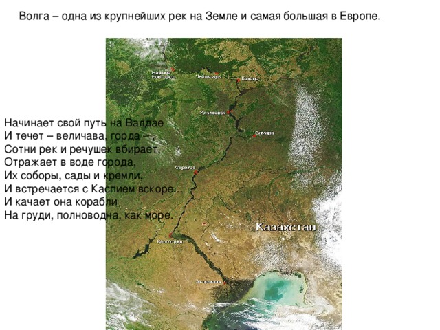 Волга – одна из крупнейших рек на Земле и самая большая в Европе. Начинает свой путь на Валдае И течет – величава, горда – , Сотни рек и речушек вбирает, Отражает в воде города, Их соборы, сады и кремли, И встречается с Каспием вскоре... И качает она корабли На груди, полноводна, как море. 