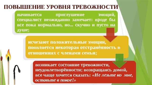 Повышение уровня тревожности   начинается приглушение эмоций, специалист неожиданно замечает: вроде бы все пока нормально, но... скучно и пусто на душе; исчезают положительные эмоции, появляется некоторая отстранённость в отношениях с членами семьи; возникает состояние тревожности, неудовлетворённости; возвращаясь домой, все чаще хочется сказать: «Не лезьте ко мне, оставьте в покое!» 