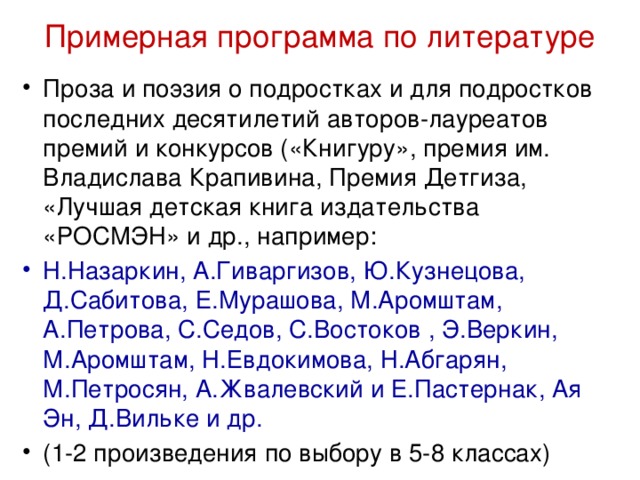 Примерная программа по литературе Проза и поэзия о подростках и для подростков последних десятилетий авторов-лауреатов премий и конкурсов («Книгуру», премия им. Владислава Крапивина, Премия Детгиза, «Лучшая детская книга издательства «РОСМЭН» и др., например: Н.Назаркин, А.Гиваргизов, Ю.Кузнецова, Д.Сабитова, Е.Мурашова, М.Аромштам, А.Петрова, С.Седов, С.Востоков , Э.Веркин, М.Аромштам, Н.Евдокимова, Н.Абгарян, М.Петросян, А.Жвалевский и Е.Пастернак, Ая Эн, Д.Вильке и др. (1-2 произведения по выбору в 5-8 классах) 
