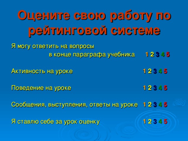 Оцените свою работу по рейтинговой системе Я могу ответить на вопросы    в конце параграфа учебника  1  2  3  4 5  Активность на уроке     1  2  3  4 5  Поведение на уроке     1  2  3  4 5  Сообщения, выступления, ответы на уроке  1  2  3  4 5  Я ставлю себе за урок оценку     1  2  3  4 5 