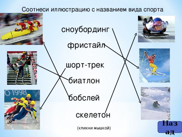 Соотнеси иллюстрацию с названием вида спорта сноубординг фристайл шорт-трек биатлон бобслей скелетон Назад (кликни мышкой)