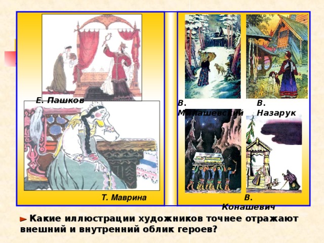 Е. Пашков В. Милашевский В. Назарук Т. Маврина В. Конашевич ►  Какие иллюстрации художников точнее отражают внешний и внутренний облик героев? 