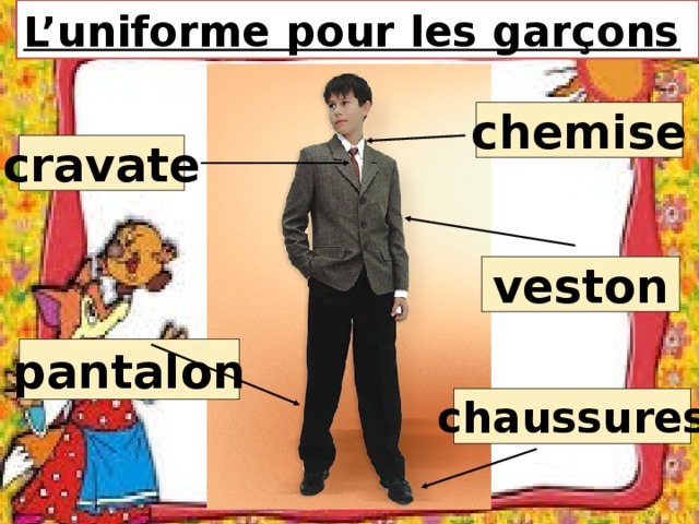 L’uniforme pour les garçons chemise cravate veston pantalon chaussures 