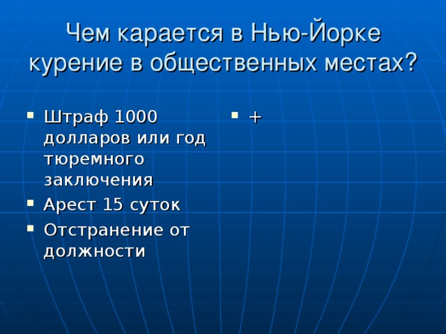 Чем карается в Нью-Йорке курение в общественных местах? Штраф 1000 долларов или год тюремного заключения Арест 15 суток Отстранение от должности  + 