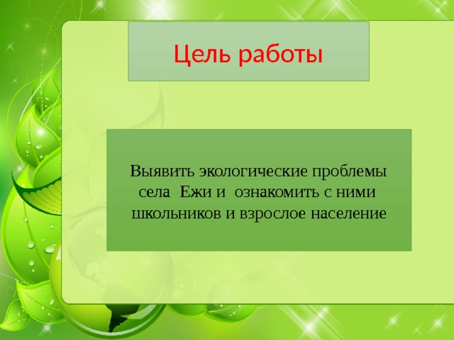 Цель работы  Выявить экологические проблемы села Ежи и ознакомить с ними школьников и взрослое население 