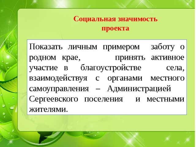 Социальная значимость проекта Показать личным примером заботу о родном крае, принять активное участие в благоустройстве села, взаимодействуя с органами местного самоуправления – Администрацией Сергеевского поселения и местными жителями. 