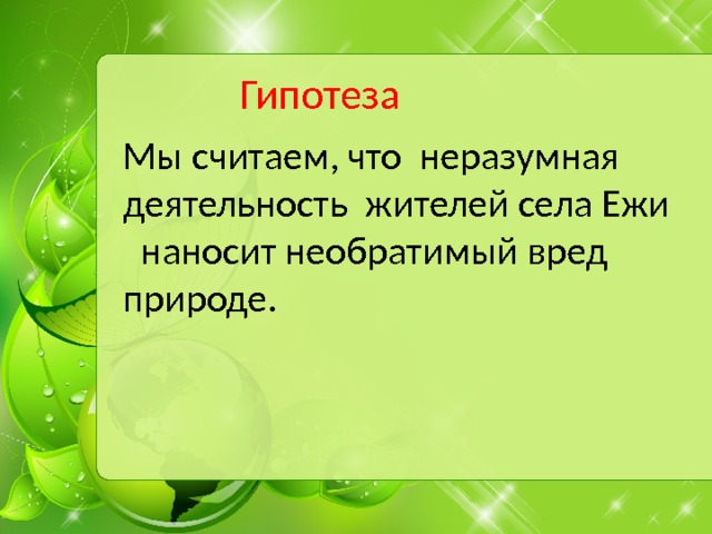 Гипотеза Мы считаем, что неразумная деятельность жителей села Ежи наносит необратимый вред природе. 