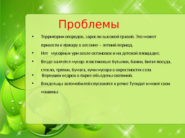 Проблемы Территории огородов, заросли высокой травой. Это может привести к пожару в весенне – летний период. Нет мусорных урн возле остановок и на детской площадке; Везде валяется мусор: пластиковые бутылки, банки, битая посуда, стекло, тряпки, бумага, кучи мусора в окрестностях села  Верхушки кедров в парке объедены скотиной. Владельцы автомобилей спускаются к речке Туендат и моют свои машины. 