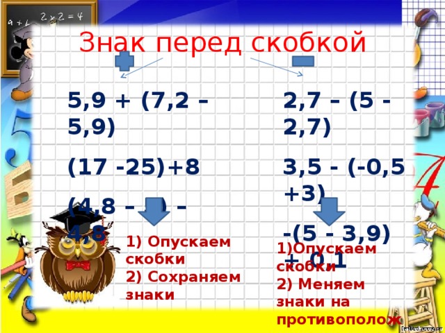 Знак перед скобкой 2,7 – (5 - 2,7) 5,9 + (7,2 – 5,9)   (17 -25)+8 3,5 - (-0,5 +3)   (4,8 – 5) – 4,8 -(5 - 3,9) + 0,1   1) Опускаем скобки 2) Сохраняем знаки 1)Опускаем скобки 2) Меняем знаки на противоположные