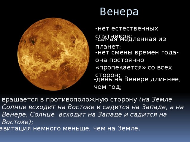Венера -нет естественных спутников; -самая медленная из планет ; -нет смены времен года- она постоянно «пропекается» со всех сторон; -день на Венере длиннее, чем год; вращается в противоположную сторону (на Земле Солнце всходит на Востоке и садится на Западе, а на Венере, Солнце всходит на Западе и садится на Востоке);  -гравитация немного меньше, чем на Земле. 