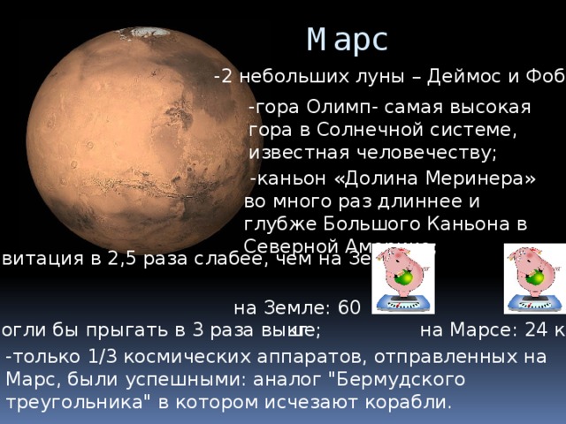 Марс -2 небольших луны – Деймос и Фобос; -гора Олимп- самая высокая гора в Солнечной системе, известная человечеству;  -каньон «Долина Меринера» во много раз длиннее и глубже Большого Каньона в Северной Америке; -гравитация в 2,5 раза слабее, чем на Земле: на Земле: 60 кг на Марсе: 24 кг -смогли бы прыгать в 3 раза выше; -только 1/3 космических аппаратов, отправленных на Марс, были успешными: аналог 