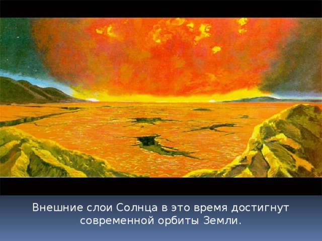 В возрасте 10,9 млрд лет (6,4 млрд лет от настоящего времени), радиус Солнца достигнет 1,59 R☉, а светимость будет в 2,21 раза больше современной. В течение следующих 0,7 млрд лет Солнце будет относительно быстро расширяться (до 2,3 R☉), сохраняя почти постоянную светимость, а его температура упадёт с 5500 К до 4900 К. Достигнув возраста 11,6 млрд лет (через 7 млрд лет от настоящего времени) Солнце станет субгигантом. К возрасту 12,2 млрд. лет радиус Солнца увеличится в 256 раз по сравнению с современным. Внешние слои Солнца в это время достигнут современной орбиты Земли. 