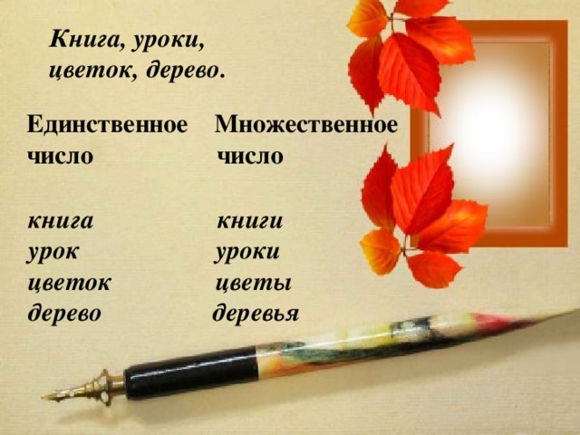 Книга, уроки, цветок, дерево. Единственное Множественное число число книга книги урок уроки цветок цветы дерево деревья 