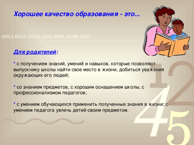 Хорошее качество образования - это...  Для родителей :  *  с получением знаний, умений и навыков, которые позволяют выпускнику школы найти свое место в жизни, добиться уважения окружающих его людей; *  со знанием предметов, с хорошим оснащением школы, с профессионализмом педагогов; * с умением обучающихся применить полученные знания в жизни; с умением педагога увлечь детей своим предметом.  