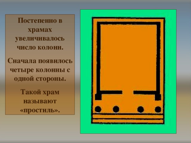 Постепенно в храмах увеличивалось число колонн. Сначала появилось четыре колонны с одной стороны. Такой храм называют «простиль». 