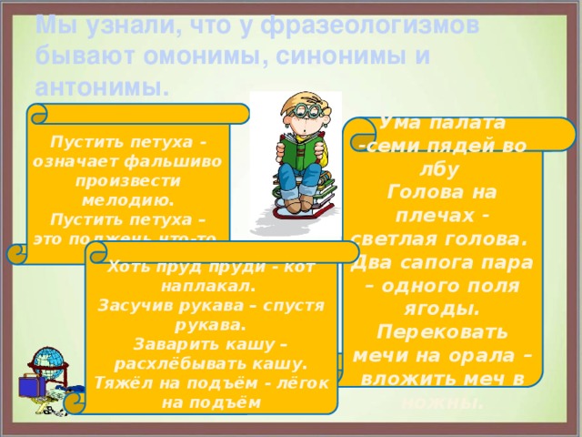 Мы узнали, что у фразеологизмов бывают омонимы, синонимы и антонимы. Пустить петуха - означает фальшиво произвести мелодию. Пустить петуха – это поджечь что-то. Ума палата -семи пядей во лбу Голова на плечах - светлая голова. Два сапога пара – одного поля ягоды. Перековать мечи на орала – вложить меч в ножны. Хоть пруд пруди - кот наплакал. Засучив рукава – спустя рукава. Заварить кашу – расхлёбывать кашу. Тяжёл на подъём - лёгок на подъём 