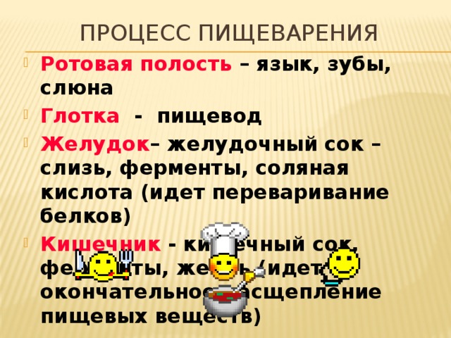 Процесс пищеварения Ротовая полость  – язык, зубы, слюна Глотка - пищевод Желудок – желудочный сок – слизь, ферменты, соляная кислота (идет переваривание белков) Кишечник - кишечный сок, ферменты, желчь (идет окончательное расщепление пищевых веществ) 