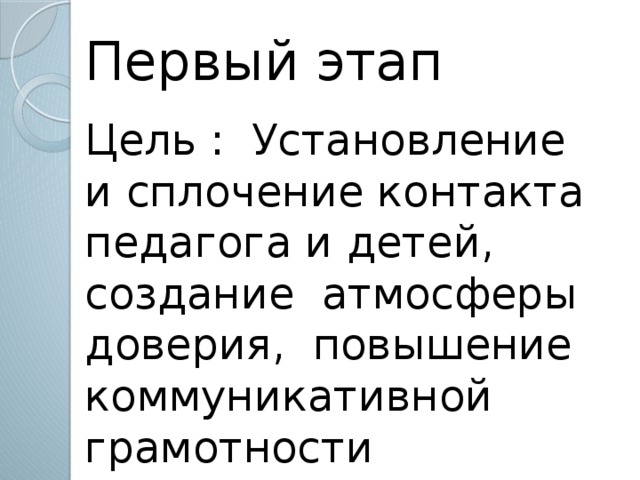 Первый этап Цель : Установление и сплочение контакта педагога и детей, создание атмосферы доверия, повышение коммуникативной грамотности участников.