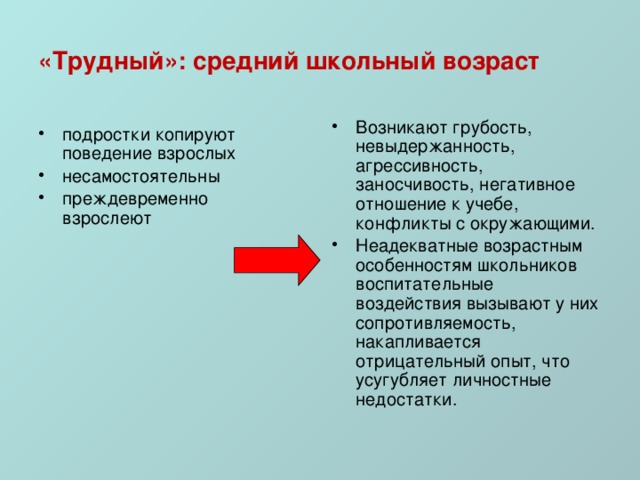 «Трудный»: средний школьный возраст Возникают грубость, невыдержанность, агрессивность, заносчивость, негативное отношение к учебе, конфликты с окружающими. Неадекватные возрастным особенностям школьников воспитательные воздействия вызывают у них сопротивляемость, накапливается отрицательный опыт, что усугубляет личностные недостатки. подростки копируют поведение взрослых несамостоятельны преждевременно взрослеют 