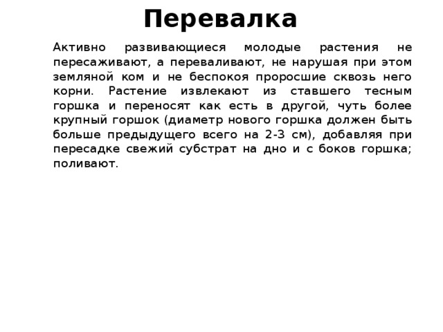 Перевалка Активно развивающиеся молодые растения не пересаживают, а переваливают, не нарушая при этом земляной ком и не беспокоя проросшие сквозь него корни. Растение извлекают из ставшего тесным горшка и переносят как есть в другой, чуть более крупный горшок (диаметр нового горшка должен быть больше предыдущего всего на 2-3 см), добавляя при пересадке свежий субстрат на дно и с боков горшка; поливают. 