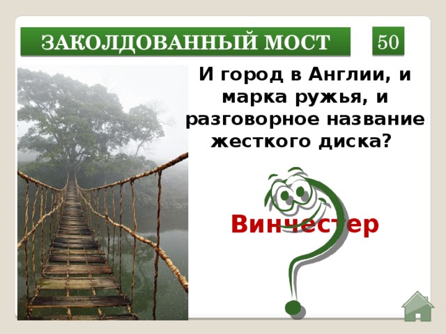 50 Заколдованный мост И город в Англии, и марка ружья, и разговорное название жесткого диска? Винчестер  