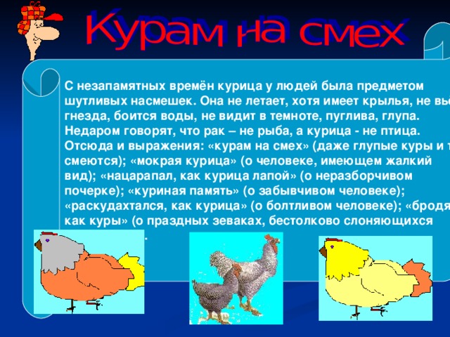 С незапамятных времён курица у людей была предметом шутливых насмешек. Она не летает, хотя имеет крылья, не вьёт гнезда, боится воды, не видит в темноте, пуглива, глупа. Недаром говорят, что рак – не рыба, а курица - не птица. Отсюда и выражения: «курам на смех» (даже глупые куры и те смеются); «мокрая курица» (о человеке, имеющем жалкий вид); «нацарапал, как курица лапой» (о неразборчивом почерке); «куриная память» (о забывчивом человеке); «раскудахтался, как курица» (о болтливом человеке); «бродят, как куры» (о праздных зеваках, бестолково слоняющихся туда – сюда). 