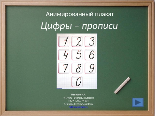 Анимированный плакат Цифры – прописи  Иванова Н.А. учитель начальных классов МОУ «СОШ № 83» г.Печора Республика Коми natimaus@mail.ru  
