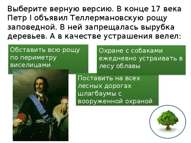 Выберите верную версию. В конце 17 века Петр I объявил Теллермановскую рощу заповедной. В ней запрещалась вырубка деревьев. А в качестве устрашения велел: Обставить всю рощу по периметру виселицами   Охране с собаками ежедневно устраивать в лесу облавы   Поставить на всех лесных дорогах шлагбаумы с вооруженной охраной 