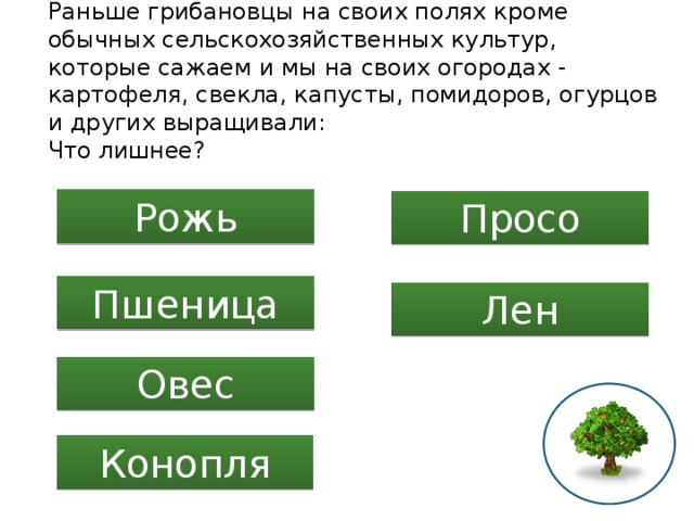 Раньше грибановцы на своих полях кроме обычных сельскохозяйственных культур, которые сажаем и мы на своих огородах - картофеля, свекла, капусты, помидоров, огурцов и других выращивали:  Что лишнее? Рожь Просо Пшеница Лен Овес Конопля 