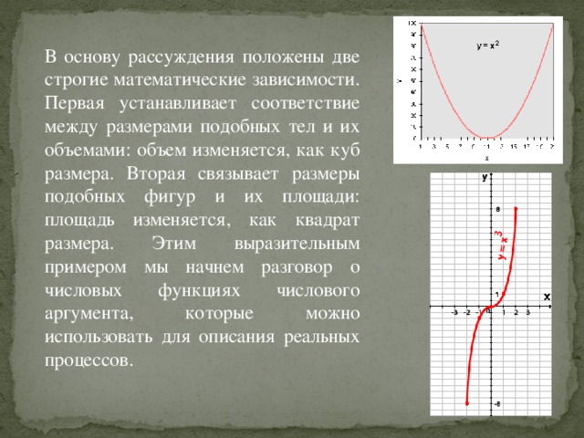 В основу рассуждения положены две строгие математические зависимости. Первая устанавливает соответствие между размерами подобных тел и их объемами: объем изменяется, как куб размера. Вторая связывает размеры подобных фигур и их площади: площадь изменяется, как квадрат размера. Этим выразительным примером мы начнем разговор о числовых функциях числового аргумента, которые можно использовать для описания реальных процессов.