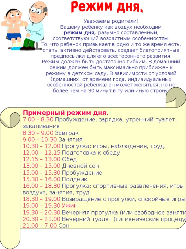 Уважаемы родители! Вашему ребенку как воздух необходим режим дня, разумно составленный, соответствующий возрастным особенностям. То, что ребенок привыкает в одно и то же время есть, спать, активно действовать, создает благоприятные предпосылки для его всестороннего развития. Режим должен быть достаточно гибким. В домашний режим должен быть максимально приближен к режиму в детском саду. В зависимости от условий (домашних, от времени года, индивидуальных особенностей ребенка) он может меняться, но не более чем на 30 минут в ту или иную строну.  Примерный режим дня. 7.00 – 8.30 Пробуждение, зарядка, утренний туалет, закаливание 8.30 – 9.00 Завтрак 9.00 – 10.30 Занятия 10.30 – 12.00 Прогулка: игры, наблюдения, труд. 12.00 – 12.15 Подготовка к обеду 12.15 – 13.00 Обед 13.00 – 15.00 Дневной сон 15.00 – 15.30 Пробуждение 15.30 – 16.00 Полдник 16.00 – 18.30 Прогулка: спортивные развлечения, игры на воздухе, занятия, труд 18.30 – 19.00 Возвращение с прогулки, спокойные игры 19.00 – 19.30 Ужин 19.30 – 20.30 Вечерняя прогулка (или свободное занятие) 20.30 – 21.00 Вечерний туалет (гигиенические процедуры) 21.00 – 7.00 Сон 