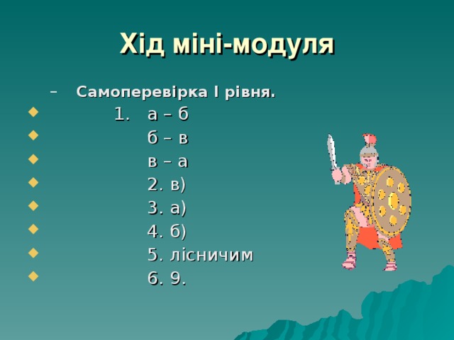 Хід міні-модуля Самоперевірка I рівня. Самоперевірка I рівня.  1. а – б  б – в  в – а  2. в)  3. а)  4. б)  5. лісничим  6. 9. 