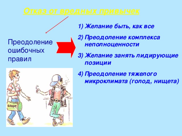 Отказ от вредных привычек Желание быть, как все Преодоление комплекса неполноценности Желание занять лидирующие позиции Преодоление тяжелого микроклимата (голод, нищета)   Преодоление ошибочных правил 