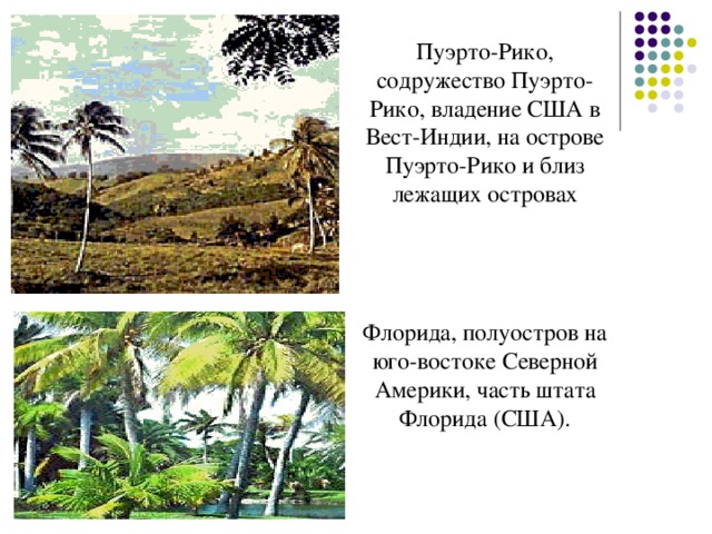 Пуэрто-Рико, содружество Пуэрто-Рико, владение США в Вест-Индии, на острове Пуэрто-Рико и близ лежащих островах Флорида, полуостров на юго-востоке Северной Америки, часть штата Флорида  (США). 