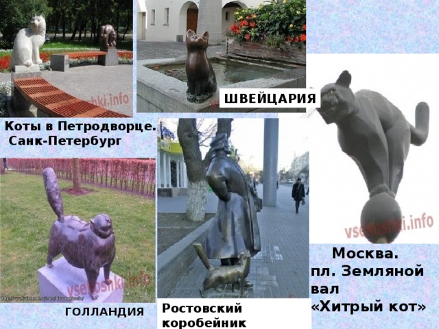 ШВЕЙЦАРИЯ Коты в Петродворце.  Санк-Петербург  Москва. пл. Земляной вал «Хитрый кот» Ростовский коробейник с котом-подхалимом Калинина Нина -учитель ИЗО и черчения. Черняховск ГОЛЛАНДИЯ 