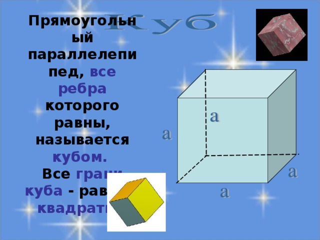 Прямоугольный параллелепипед, все ребра которого равны, называется кубом. Все грани куба - равные квадраты.