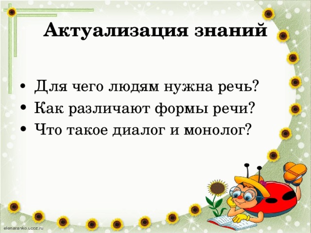 Актуализация знаний •  Для чего людям нужна речь? •  Как различают формы речи? •  Что такое диалог и монолог? 