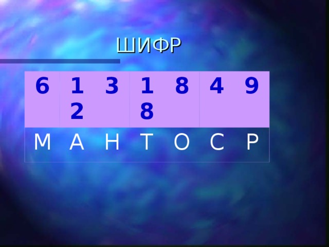 ШИФР 6 12 М 3 А 18 Н 8 Т 4 О 9 С Р