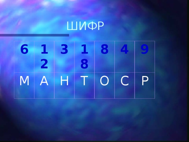 ШИФР 6 12 М 3 А 18 Н 8 Т 4 О 9 С Р
