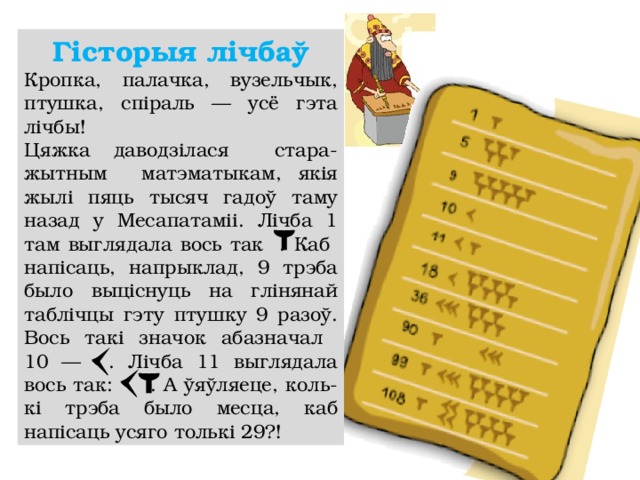 Гісторыя лічбаў Кропка, палачка, вузельчык, птушка, спіраль — усё гэта лічбы! Цяжка даводзілася стара-жытным матэматыкам, якія жылі пяць тысяч гадоў таму назад у Месапатаміі. Лічба 1 там выглядала вось так . Каб напісаць, напрыклад, 9 трэба было выціснуць на глінянай таблічцы гэту птушку 9 разоў. Вось такі значок абазначал  10 — . Лічба 11 выглядала вось так: . А ўяўляеце, коль-кі трэба было месца, каб напісаць усяго толькі 29?!